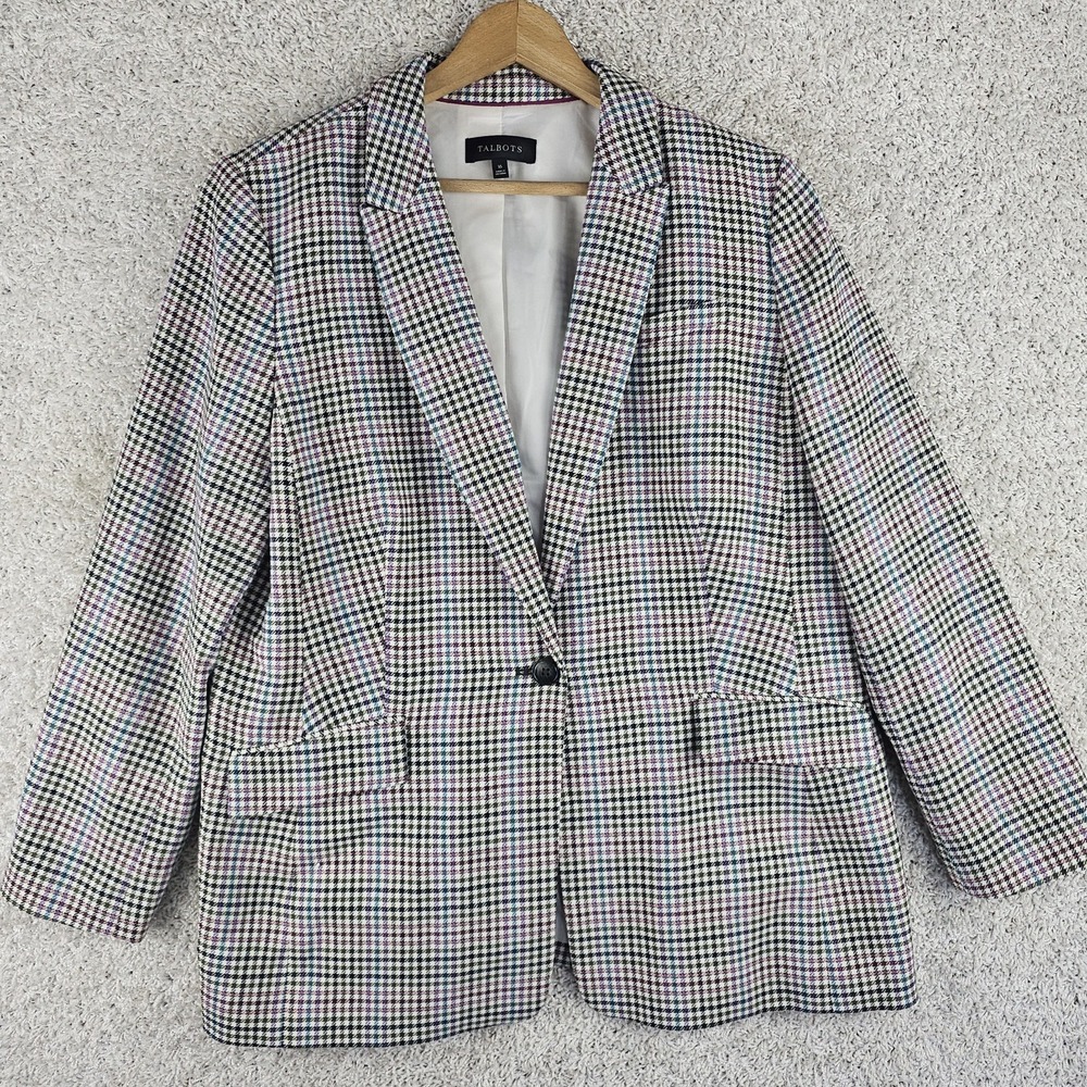 Talbots Wool Blend Lined Blazer Size 16 Black Pink Houndstooth Plaid Retro
